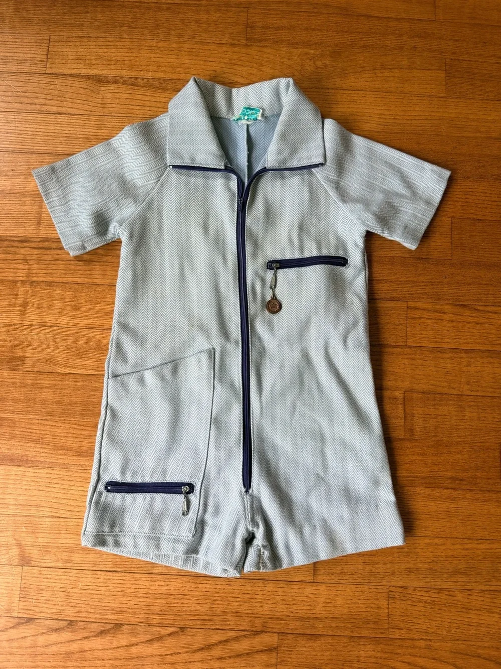 VTG 70s Penny Pockets boy Childrens Romper Jumpsuit Blue Herringbone Knit Shorts